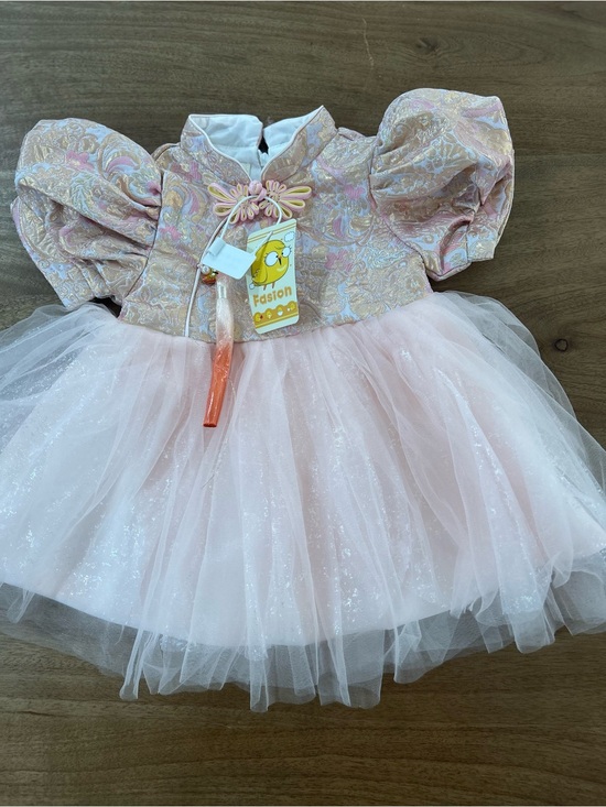 Lovely Other - Pink Brocade Puff-Sleeve and Tulle Dress for Toddlers